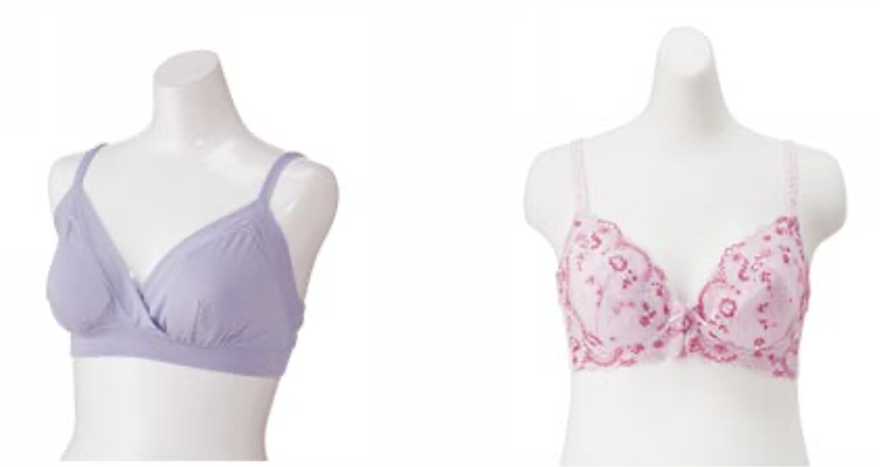 左：前部分が合わせになっていて、産後の授乳もしやすいつくりのハーフトップ。
右：バストの脇流れを防ぐ機能もあるワイヤー入りブラ。上半身のシルエットをきれいに見せます。