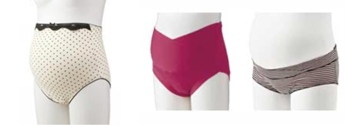 左：おへその上からすっぽり。臨月まで対応できて、冷え予防にも。オーソドックスで多くの妊婦さんに愛されてきた形です。
中央：締め付けの少ないクロスタイプ。
右：夏におすすめの、浅ばきタイプ