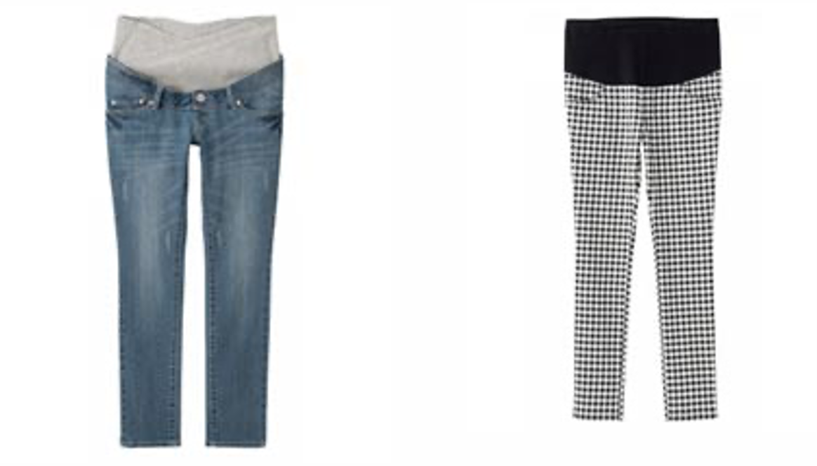 左：おなかのリブ部分がクロス（合わせ）で、つわりで洋服の締め付けがつらい人にも人気です。
右：レギパンははきやすいパターンで豊富な色柄があり、大人気！