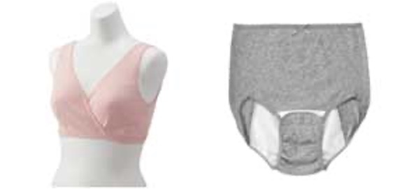左：いわゆる「産褥期」におすすめのシンプルなハーフトップス。
右：産褥ショーツは後ろまで防水布がついているものがおすすめ。